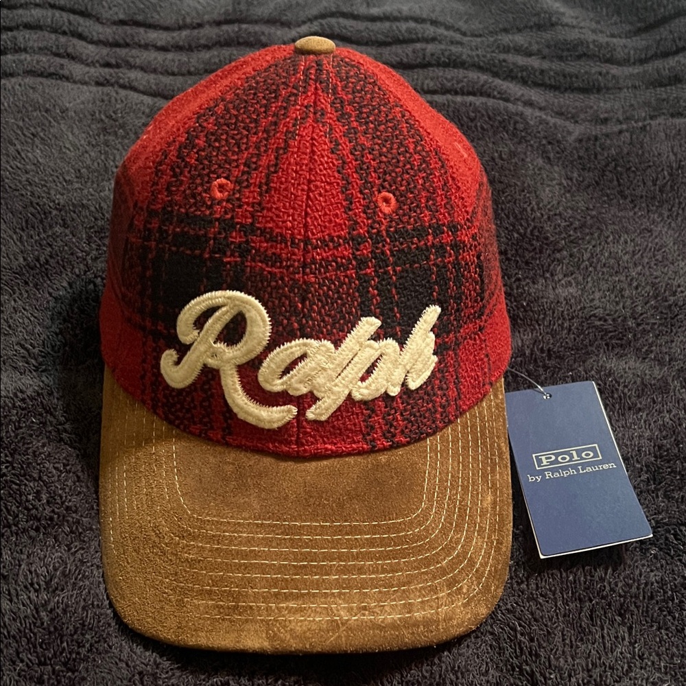 Ralph Lauren Red and Black Plaid Cap with Brown Suede Brim